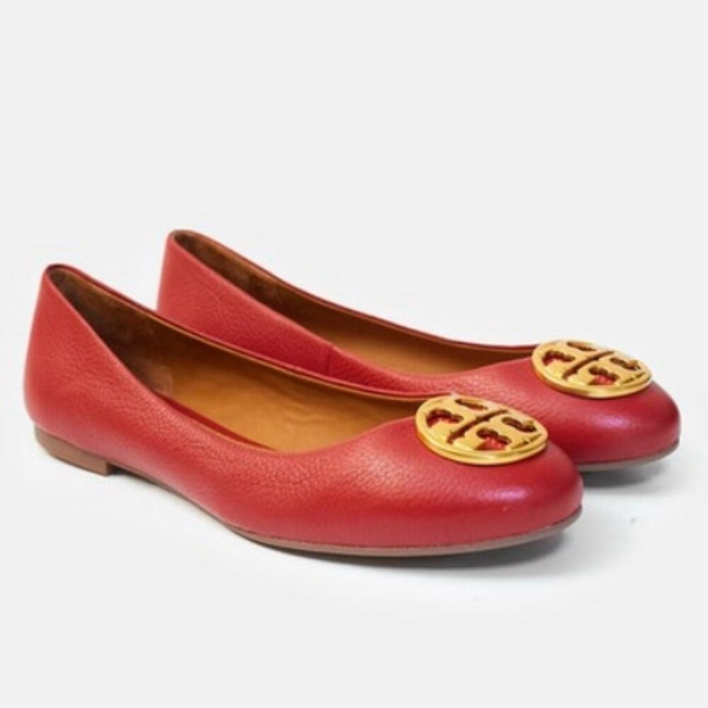 Tory Burch Chelsea Ballet Flat Tumbled Leather Tory Red/Rolled Brass 10.5 Nwot